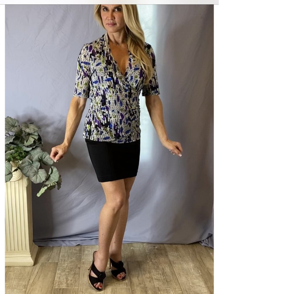 CHAUS  Nylon Short sleeve Blouse, V Neck, multiple color.( NO LONGER AVAILABLE)